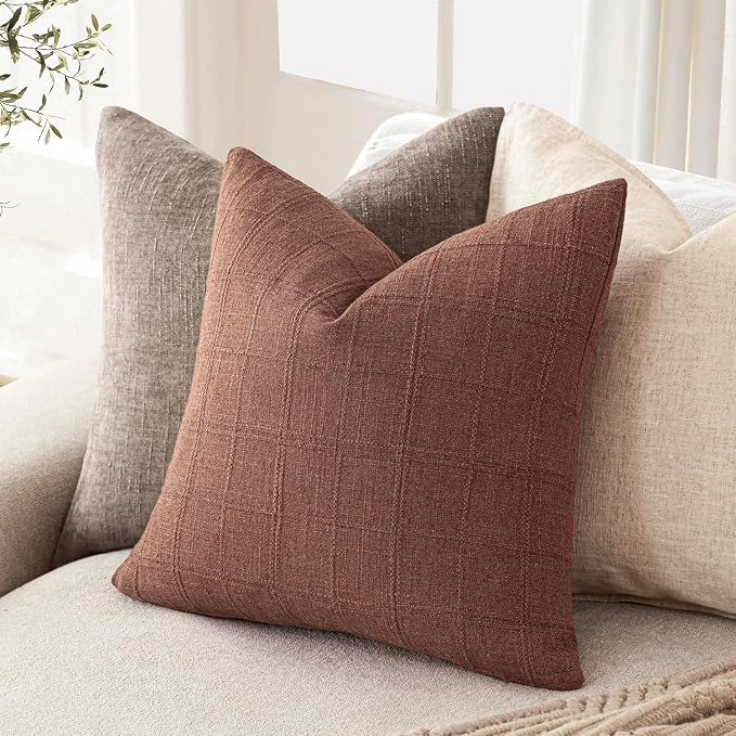 Foindtower Set of 2 Decorative Linen Check Throw Pillow Covers Neutral Farmhouse Vintage Cushion Covers Modern Boho Home Decor for Sofa Chair Couch Bedroom Living Room,20×20 Inch,Autumnal Red