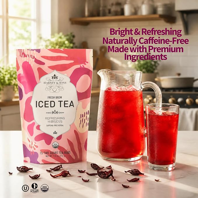 Harney & Sons Fresh Brew Herbal Iced Tea, Hibiscus Herbal Tea, 15 Iced Tea Bags, Brews Up to 30 Quarts, Caffeine Free