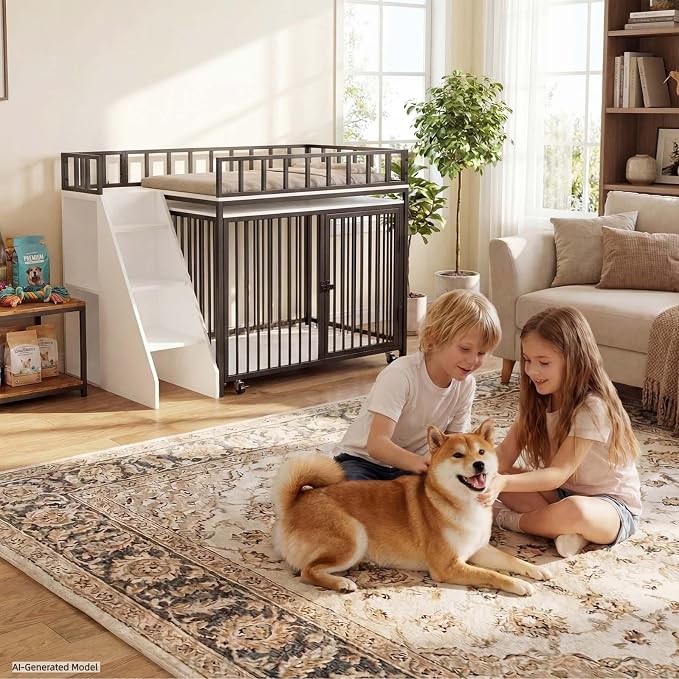37" Dog Crate Furniture, Wooden Dog Kennel Indoor with Storage (White) | Heavy Duty Pet Cage Indoor for Small & Medium Dogs, Dog Kennel with Storage Shelf, 4 Lockable Wheels and Stairs, Loft-Style