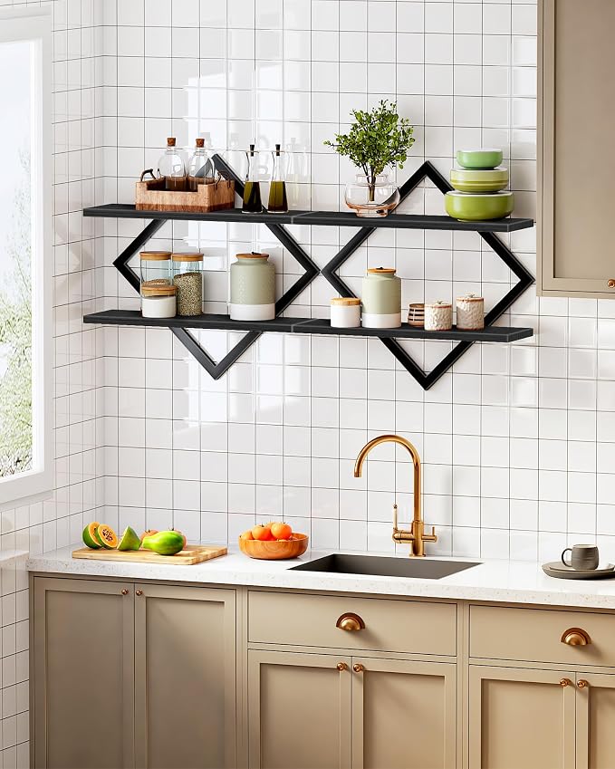 Floating Shelves, Set of 2 Wall Shelves, 2-Tier Hanging Shelves, Wall Shelf Set of 2, Wall Mounted Shelves, for Living Room, Bedroom, Kitchen, Office, Study, Black TBJ01P2BB
