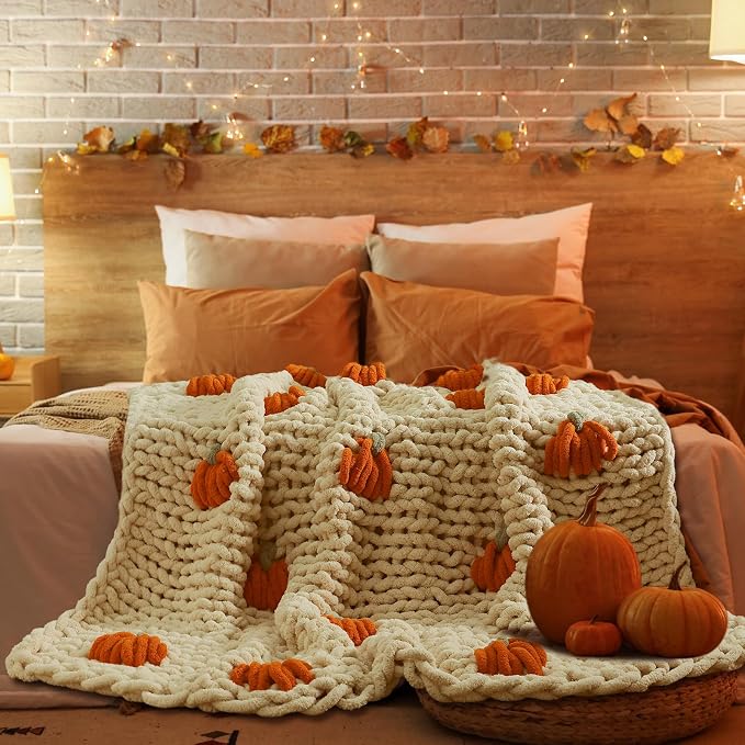 Fall Pumpkin Chunky Knit Throw Blanket 50" x 60",Beige | Large Handmade Chenille Loop Yarn Fluffy, Soft Knitted Throw, Big Cozy Thick Cable Knit Crochet Blanket, for Couch Sofa Bed