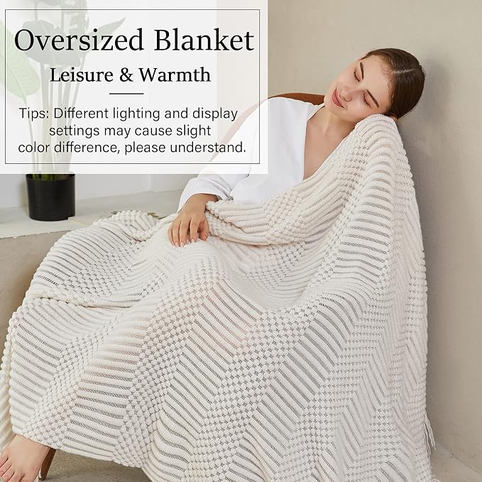 Blagic Soft Knitted Throw Blanket for Couch and Bed,White,50"x60" | Lightweight and Cozy,Farmhouse Boho Blanket with Tassel,Decorative for Living Room,Gifts for Adults,All Season Use
