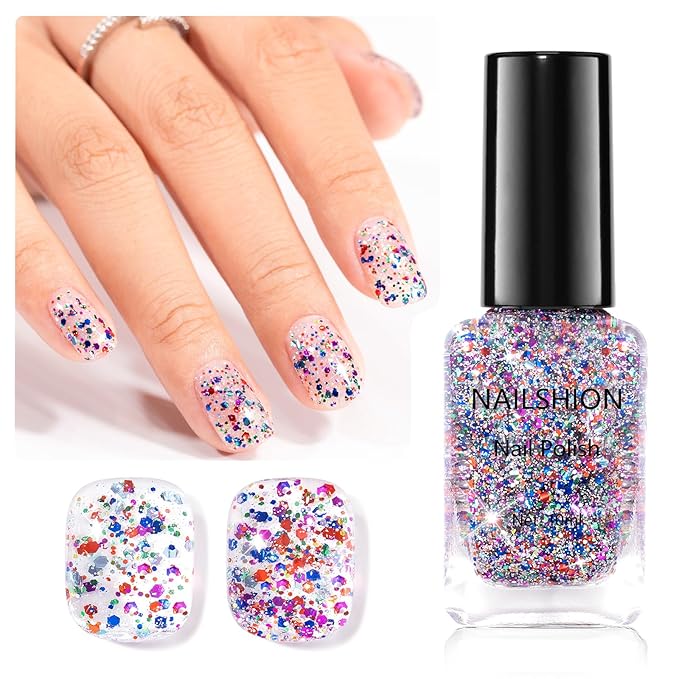 Sparkle Nail Polish, Glitter Purple Blue Red Fast Dry Confetti Nail Polishes, No UV Lamp Needed, Vegan, Long Lasting Gradient Nail Art DIY Home Travel Manicure Gift