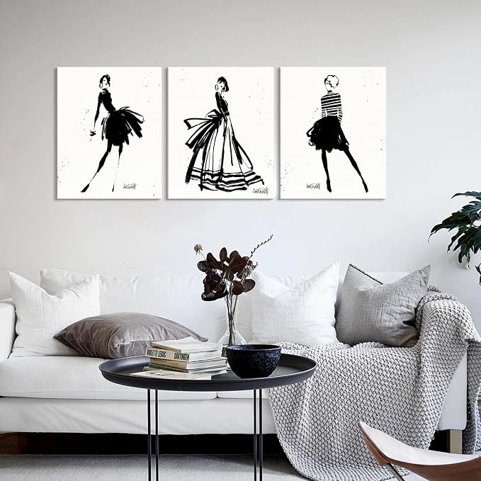 Chadow Artwork 3 Pieces Girl in Black Dress Wall Art Bathroom Art Fashion Women Canvas Pictures for Bedroom Beauty Salon Bathroom Makeup Room Decor 12"x16" (30cmx40cm)