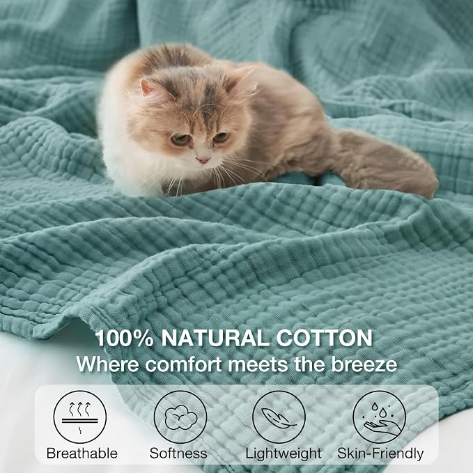 100% Cotton Muslin Blanket King 108" x 90", 6 Layers Breathable and Lightweight Cotton Throw Blanket for Bed, Soft Quilt Bedspread Coverlet, Gauze Blanket for Adults All Season, Teal