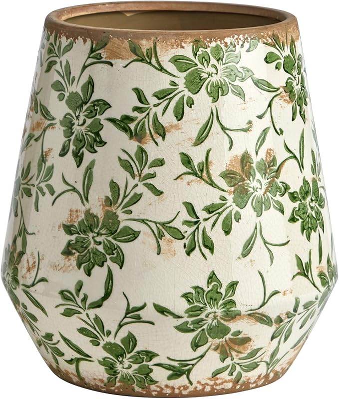 10in. Tuscan Ceramic Green Scroll Planter | Artisanal Floral Pattern, Quality Ceramic, Rustic Square Silhouette, Versatile Home Decor, Indoor Use only