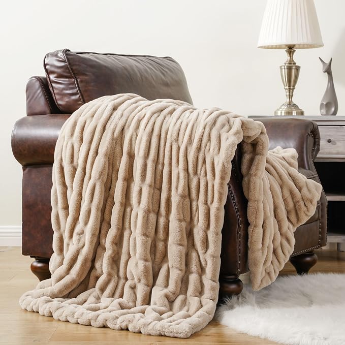BATTILO Soft Faux Fur Throw Blanket for Couch, Double Side, 50"x60", Beige | Luxury Minky Couture Blanket, Beige Throw Blanket, Cozy Warm Soft Fluffy Faux Fur Blanket For Bed, Sofa Living Room