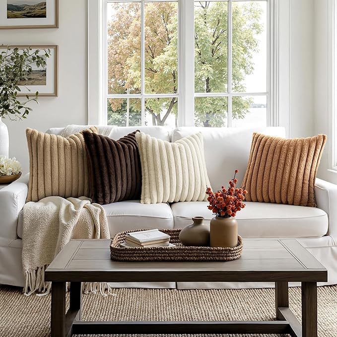MIULEE Faux Fur Plush Decorative Throw Pillow Covers 18x18, Brown | Set of 4, Fall, Striped, Soft Boho Farmhouse Rustic Home Decor, Cushion Cases for Sofa Couch Bed Living Room