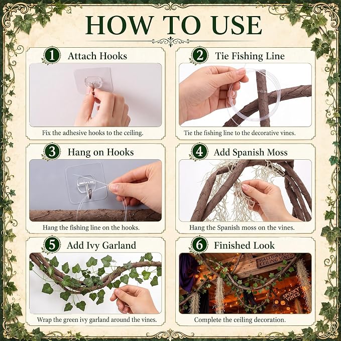 Halloween Hanging Decorations, Faux Spanish Moss Hanging Vines Forest Moss Vines Decor, Greenery Garland for Spooky Halloween Party Wall Ceiling Doorway Indoor Outdoor Enchanted Decorations