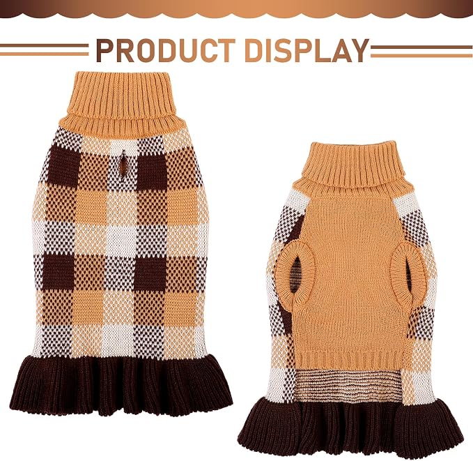 Dog Sweater Dress Plaid Knitwear for Small Medium Dogs Warm Puppy Pet Turtleneck Stretch Pullover Cute Fall Winter Vest Clothes with Leash Hole for Christmas (Coffee, 2XL)