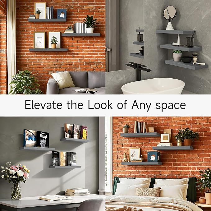 BAYKA Grey Floating Shelves 15.7in, Set of 3, Wall Mount Rustic Wood Shelf | 22lbs Max Load, Hidden Bracket, for Bathroom Bedroom Kitchen Display Storage Decor, Easy Install, Multi-Wall Compatible