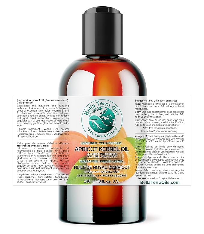 Bella Terra Oils - Organic Apricot Seed Oil 8 oz - Embrace the Bitter Organic Apricot Kernels Richness, Vitamin-Enriched, Perfect for Soothing & Moisturizing Skin