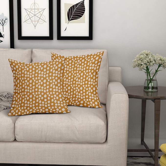 Mustard Yellow Cream Dots Pillow Covers 20x20 Set of 2 Boho Design Polka Dot Throw Pillows Modern Trendy Print Outdoor Decorative Pillowcase Square Linen Cushion Cases Decor for Sofa Couch Bed
