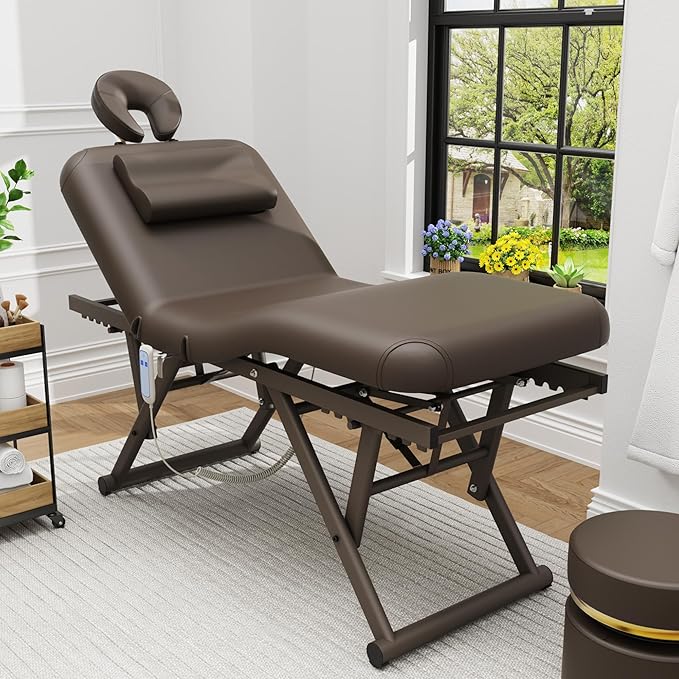 Electric Stationary Massage Table - Adjustable Massage Table with Manual Adjustable Backrest & Height, Treatment Tables with Electric Foot Lift, C-Shaped Pillow, Metal X-Frame, PU Leather for Beauty
