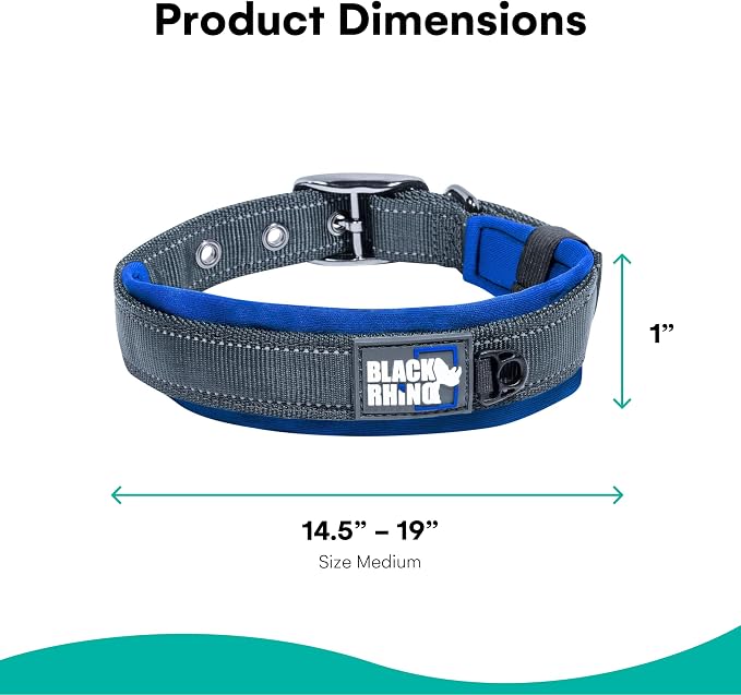 Black Rhino Dog Collars for Medium Dogs - Adjustable Reflective Heavy Duty Dog Collar with Ultra-Soft Neoprene Padding - Weatherproof, Durable, and Comfortable for Active Dogs - Sport Blue and Black