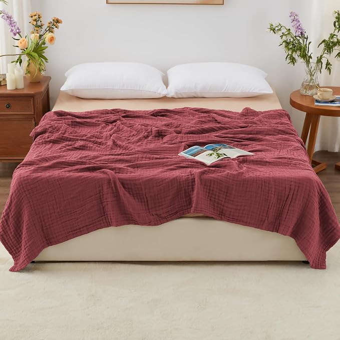 Love's cabin 100% Cotton Muslin Blanket, 6 Layer Lightweight Breathable Gauze Queen Size Blanket 90 x 90 Inches, Soft All Season Blanket for Bed, Wine Red