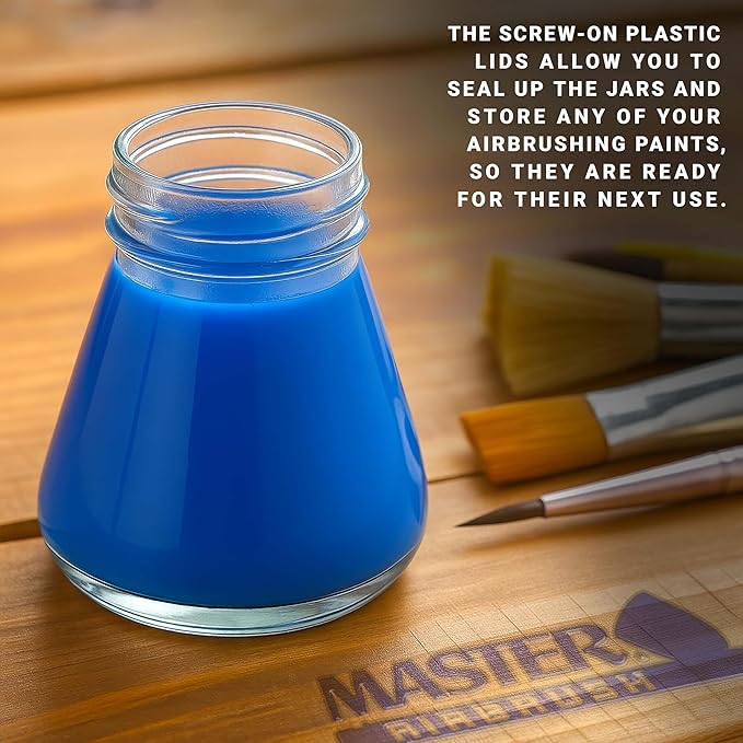 Master Airbrush (Pack of 10) TB-004 Empty 2.7-Ounce (80cc) Glass Jar Bottles with 60° Down Angle Adaptor Lid Assembly - Fits Single-Action Siphon Feed Airbrushes, Use with Master Badger Paasche, Iwata