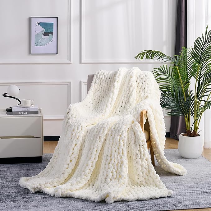 L'AGRATY Chunky Knit Throw Blanket for Couch, 60 x 80 Inches, Cream White | Handmade Chenille Crochet Blanket for Sofa Bed, Thick Cable Knitted Blankets for Room Home Decor, Birthday Gift for Women Mom