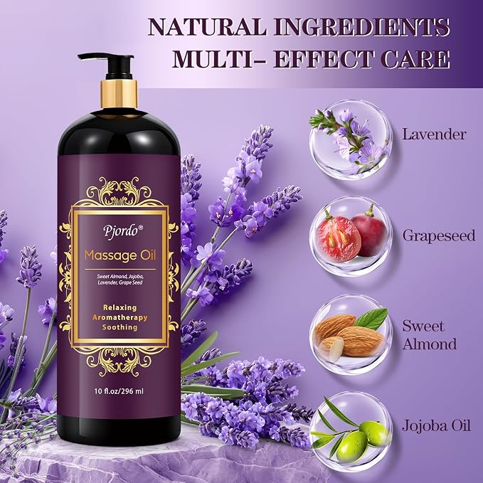 Pjordo Massage Oil for Massage Therapy, Lavender Massage Oils for Relaxation, Sore Muscle Arnica Oil with Massage Roller Ball, Calming, Moisturizing, Soothes Muscles, Spa Gift Set for Him Her