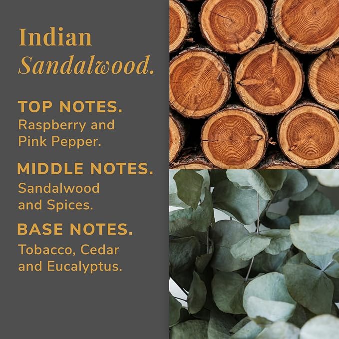 Indian Sandalwood Aromatherapy Candle – Sandalwood, Raspberry & Tobacco Scented Candle, Plant-Based Wax, 15.8 oz, 60 Hour Burn Time, Warm & Woody Candle