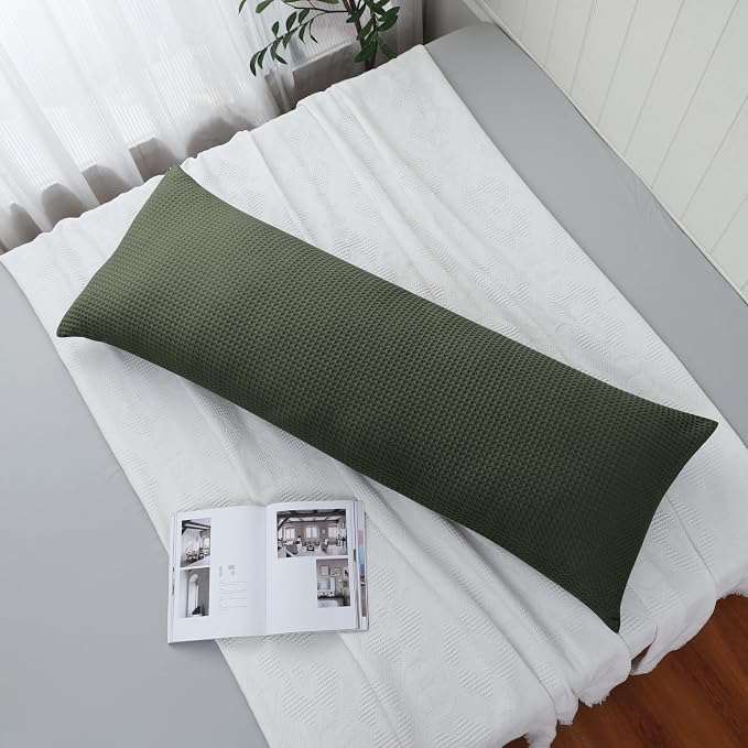 100% Egyptian Cotton 600 TC Waffle Weave Body Pillowcase with Zipper | 1 Pack Ultra Soft Breathable Pillow Cover, Skin-Friendly Bed Pillow Sham, Body Pillow Case Cover, Olive, 20" x 54"