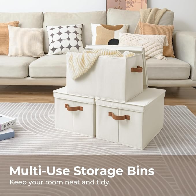 StorageWorks Storage Bins with Lids, Decorative Storage Boxes with Lid and PU Handles, Foldable Storage Baskets for Closet, Shelves, Stackable, Ivory, Jumbo, 3-Pack | Lidded Dust-proof, Easy Pull Handles, Foldable, Stackable, Ideal for Clothes Blanket ...