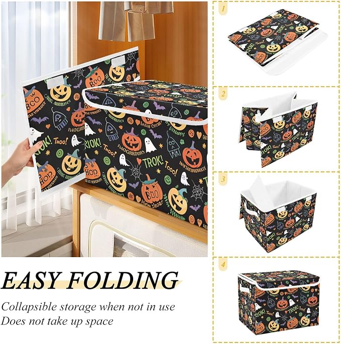 Halloween Ghost Pumpkin Ghosts Storage Bins with Lids and Carrying Handle,Foldable Storage Boxes Organizer Containers Baskets Cube with Cover for Home Bedroom Closet Office