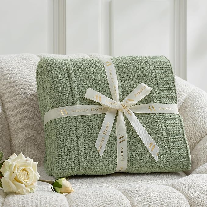 Chenille Throw Blanket for Couch, Soft Cozy Chunky Knit Blanket, Moss Stitch Throw for Sofa, Bed, Living Room, Lightweight Warm Home Decor, Sage Green 60"x80"
