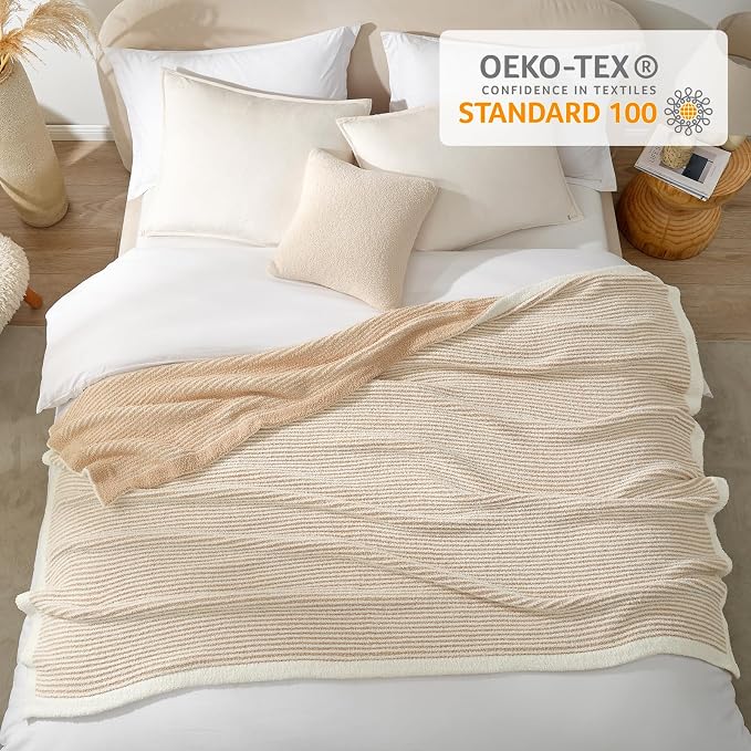 Snuggle Sac Fluffy Bedding Blanket Twin Size, Soft Luxurious Knit Throws, Fuzzy Microfiber Blankets for Couch, Sofa, Bed, Cream Beige, 60x80 inches