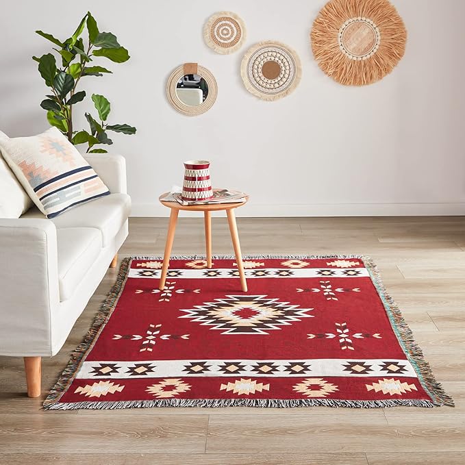 Native American Blanket Boho Throw Blanket for Sofa and Bed, Mexican Decorative Farmhouse Blanket, Southwest Decor Woven Blankets, Aztec Throw Blankets Bohemian with Tassel(Wine,50×60 inch)