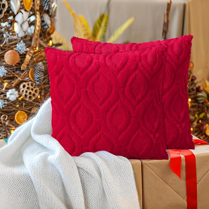 decorUhome Faux Fur Plush Soft Red Throw Pillow Covers 26x26 Set of 2 | Plush Solid Fall Couch Pillow Covers, Accent Modern Farmhouse Neutral Decorative Square Pillow Cases for Sofa Bed Living Room