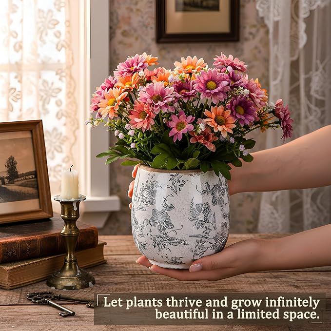 SiliFine Vintage Ceramic Flower Pot with Ice Crackle Rustic Planter with Drainage Holes for Indoor and Outdoor Decor Home Living Room Garden Decor Gardening Gift (Rustic Grey Style)