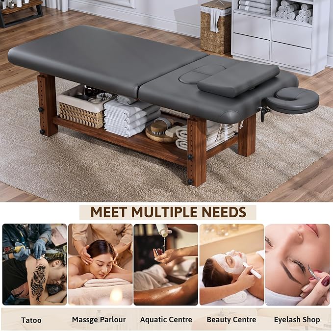 Olela Wood Adjustable Massage Table, Stationary Massage Tables with Adjustable Height Legs & Storage, Esthetician Bed with C-Shaped Pillow & PU Leather for Spa, Massage, Physical Therapy, Treatment