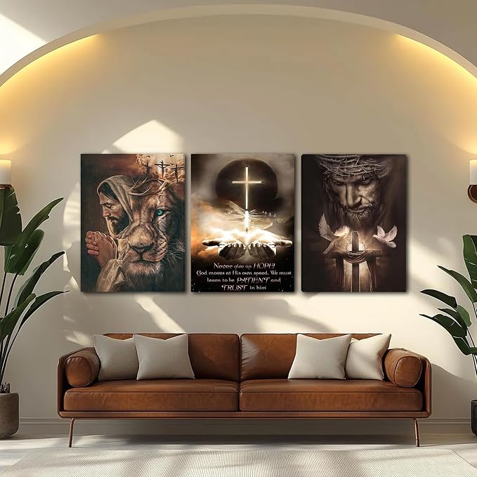 Fantasy Artists 3Pcs Jesus Wall Art, Christian Wall Decor for Biblical Room, Unframed Canvas Painting Prints, Religious Art Posters for Church Living Room Bathroom, 12" X 16"