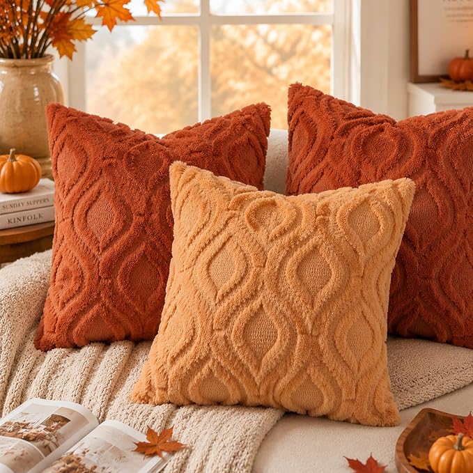 decorUhome Faux Fur Plush Soft Rust Throw Pillow Covers 24x24 Set of 2 | Plush Solid Fall Couch Pillow Covers, Accent Modern Farmhouse Neutral Decorative Square Pillow Cases for Sofa Bed Living Room