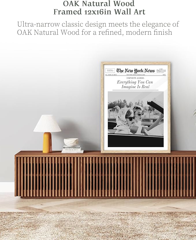 iHery 12x16in Everything You Can Imagine Is Real Framed Newspaper Art | Natural OAK Wood Frame with Canvas Print, Vintage Girls Decor for Bedroom, Living Room, Dorm and Gallery Wall, 1Pack