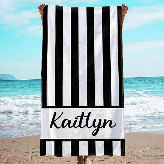JML Personalized Beach Towel with Name, Custom Cabana Stripe Beach Towel, Customized Microfiber Pool Towel, Quick Dry & Absorbent Swim Towel for Adult,Anniversary, Birthday, Summer Holiday,Vacation