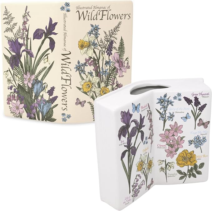 Steel Mill & Co. Ceramic Open Book Vase, Wildflowers | Vintage Inspired Flower Field Guide Decor Sculpture, Novelty Floral & Succulent Container or Bookshelf Sculpture Piece