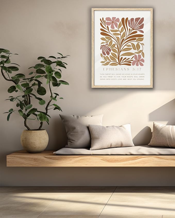 EcoHest 12x16 in Ephesians 3:17 Abstract Floral Framed Christian Wall Art | Natural Oak Wood Frame with Canvas Wall Art, Scripture Bible Verse Wall Decor for Bedroom, Living Room, Office, Church, 1Pack