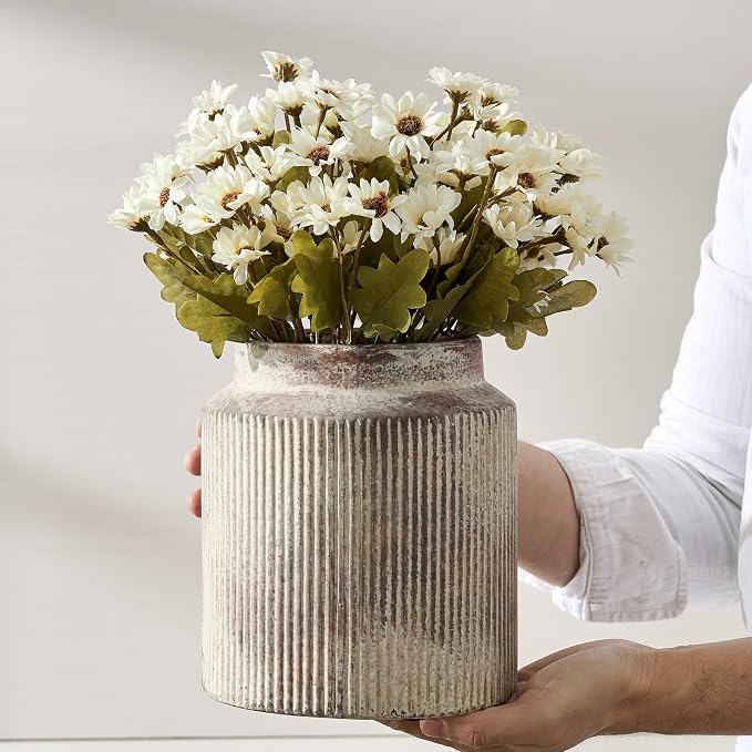 SIDUCAL Ceramic Vintage Rustic Terracotta Vase, 7.2 Inch Farmhouse Decorative Pottery Vase Wide-Mouth Vases for Home Decor, Living Room, Bookshelf, Bedroom, Bathroom, Kitchen, Whitewashed