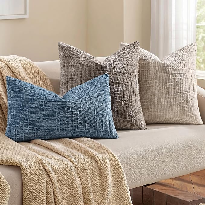 decorUhome Textured Chenille Throw Pillow Covers 24x24 Set of 2 Taupe | Fall Modern Farmhouse Soft Cozy Slubby Couch Pillow Cases Boho Decorative Pillow Cases for Bed Sofa Living Room Home Decor