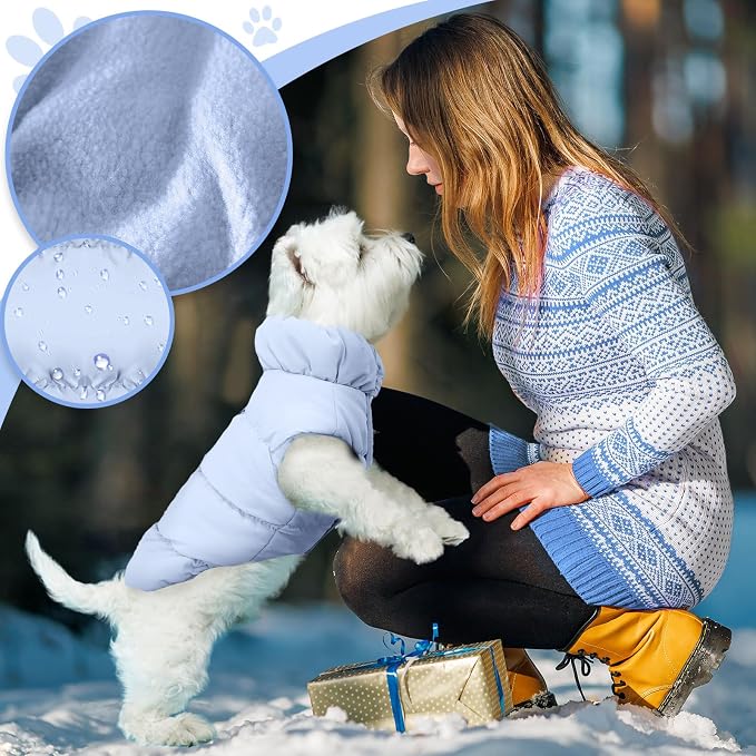 ABRRLO Winter Warm Dog Jacket for Small Medium Dogs Cats Cold Weather Coats with Harness Paded Dogs Fleece Vest Waterproof Windproof Dog Snow Jacket Pet Puppy Clothes (Light Blue,S)