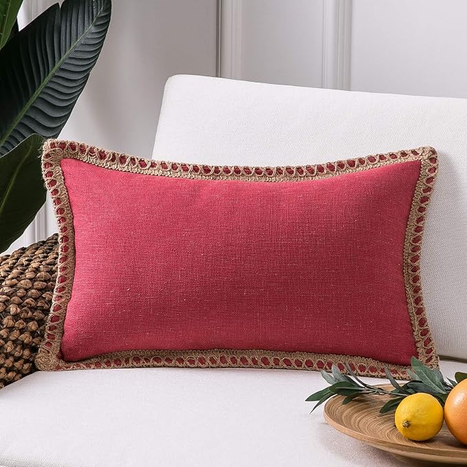 Phantoscope Farmhouse Solid Throw Decorative Pillow Cover Burlap Linen Trimmed Tailored Edges Outdoor Xmas Pillow Red 12 x 20 inches, 30 x 50 cm