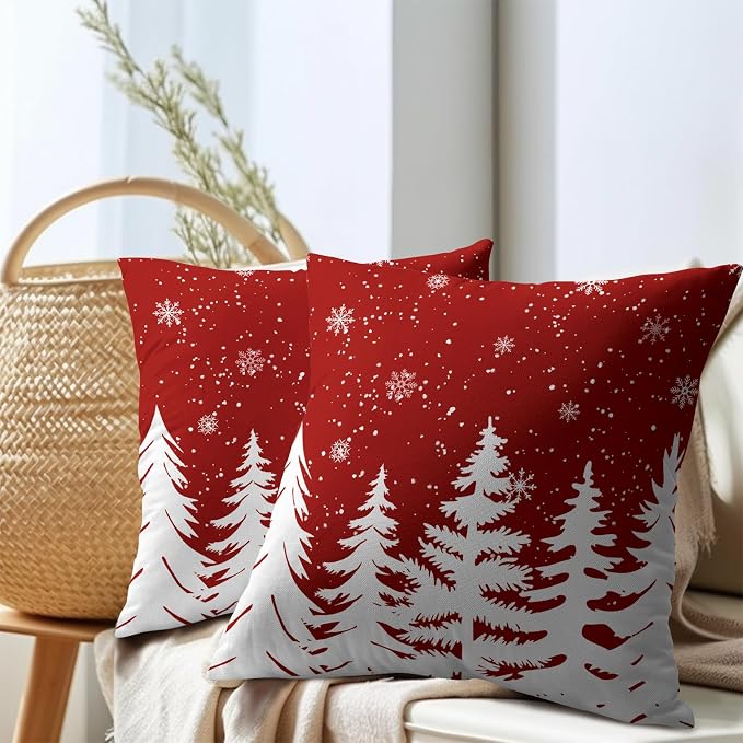 Kawani Christmas Throw Pillow Covers 20x20 Inches, Set of 2 Red White Xmas Tree Snowflakes Cotton Linen Pillowcase Soft Farmhouse Cushion Case for Couch Sofa Bed Living Room Decor