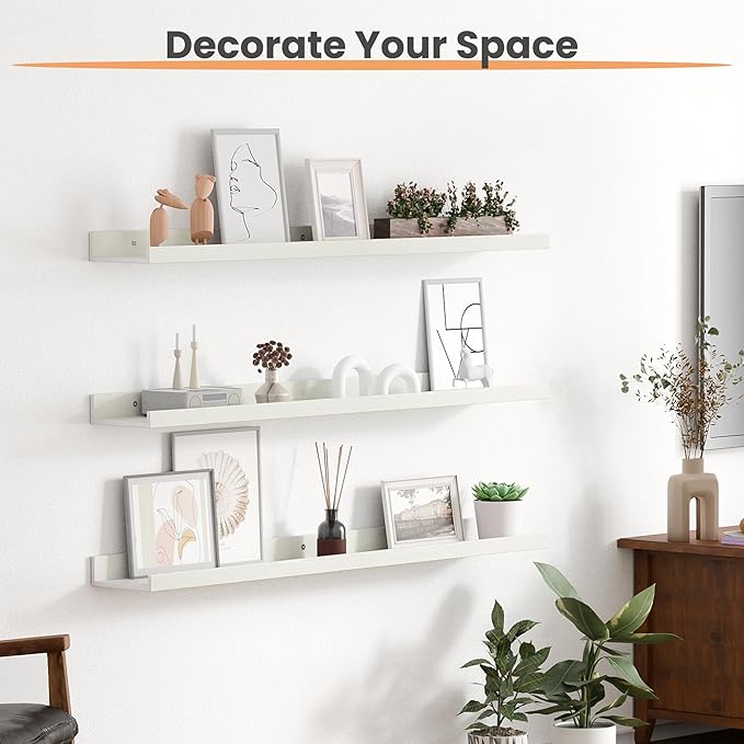 upsimples Floating Shelves for Wall Decor and Storage, White, 6Pcs 35.5'' | Wall Mounted Wood Shelves for Living Room, Bedroom, Kitchen, Office, Nursery Room, Coffee Bar Display and Organize