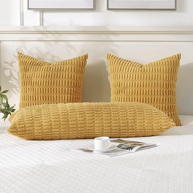 Fancy Homi Decorative Throw Pillow Covers for Bed Couch Bedroom Bench, Soft Corduroy Solid Pillow Case, Rustic Farmhouse Boho Room Decor,36" x 14" (Pack of 1),Mustard Yellow