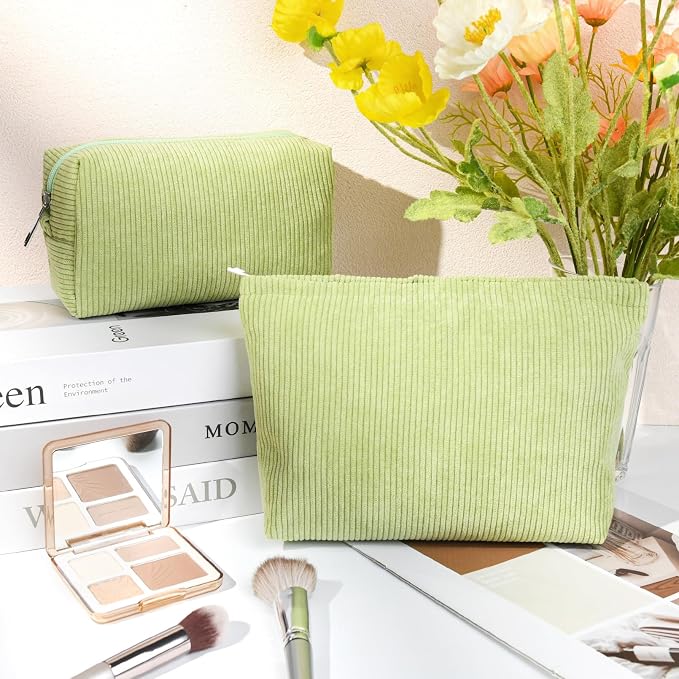 SOIDRAM 2 Pcs Corduroy Makeup Bag Large Cosmetic Bag Toiletry Bag Makeup Pouch Travel Bag Organizer Cute Makeup Brushes Aesthetic Accessories Storage Bag for Women Light Green