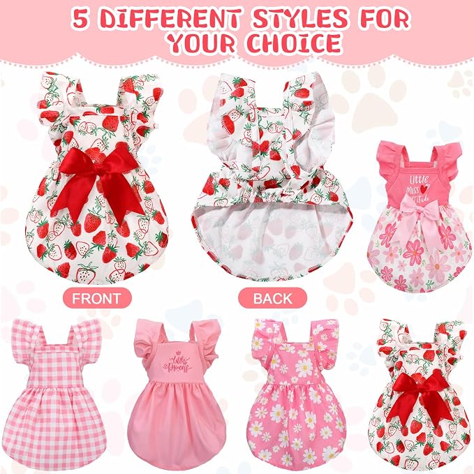 Abbylike 5 Pcs Dog Dresses for Medium Dog Girl, Pink Summer Puppy Clothes | Floral Strawberry Daisy Princess Bowknot Plaid, Cute Breathable Soft Dog Skirts Outfits, for Small Medium Pets Cats Female