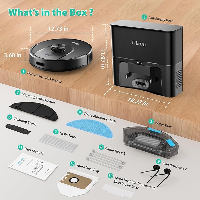 Tikom Robot Vacuum and Mop, Robotic Vacuum Cleaner with Self-Emptying Base | 6000Pa, 90 Days Capacity, LiDAR Navigation, Home Mapping, Ideal for Pet Hair, Hard Floors, Carpet (L8000 Plus)