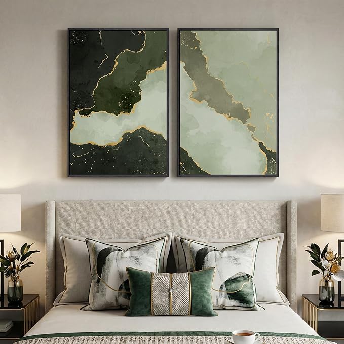 Large Framed Green Abstract Wall Art Set of 2, Modern Canvas Prints Paintings for Walls, Minimalist Sage Green and Gold Abstract Pictures for Living Room Dining Bedroom Hallway Wall Decor 24x36 In
